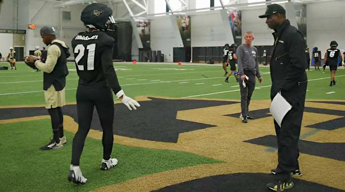 Deion Sanders talking to Shilo Sanders out on CU practice field